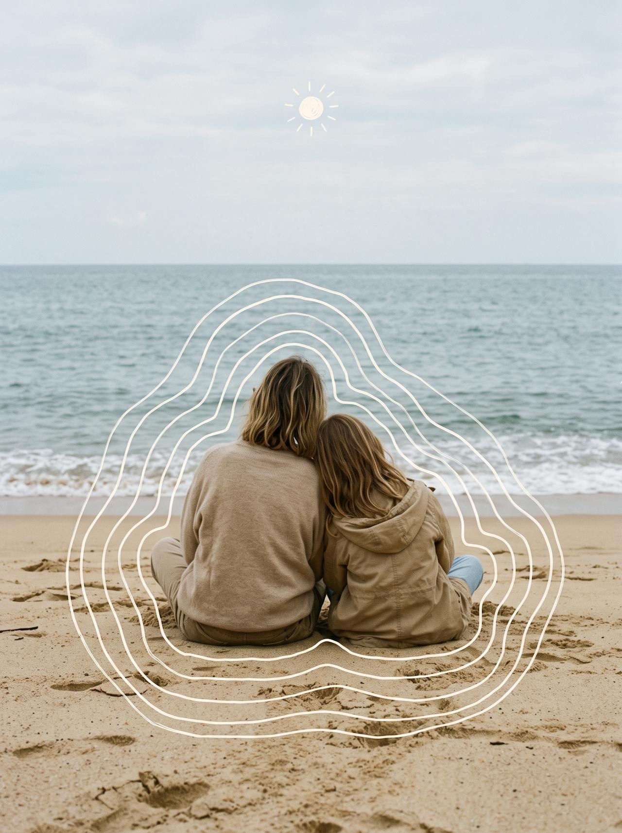 A mother and daughter together on a beach, surrounded by white contour rings