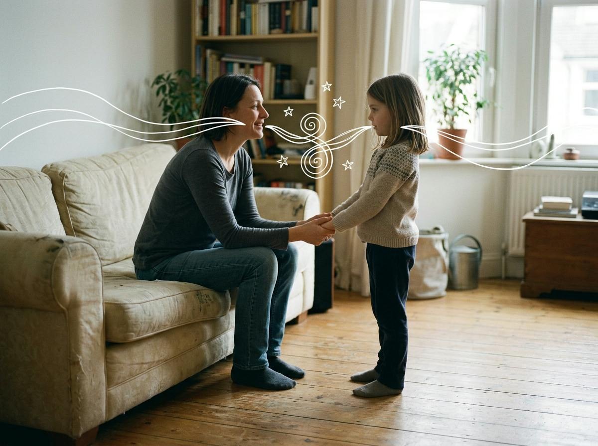 A daughter showing her mother how to take a slow breath