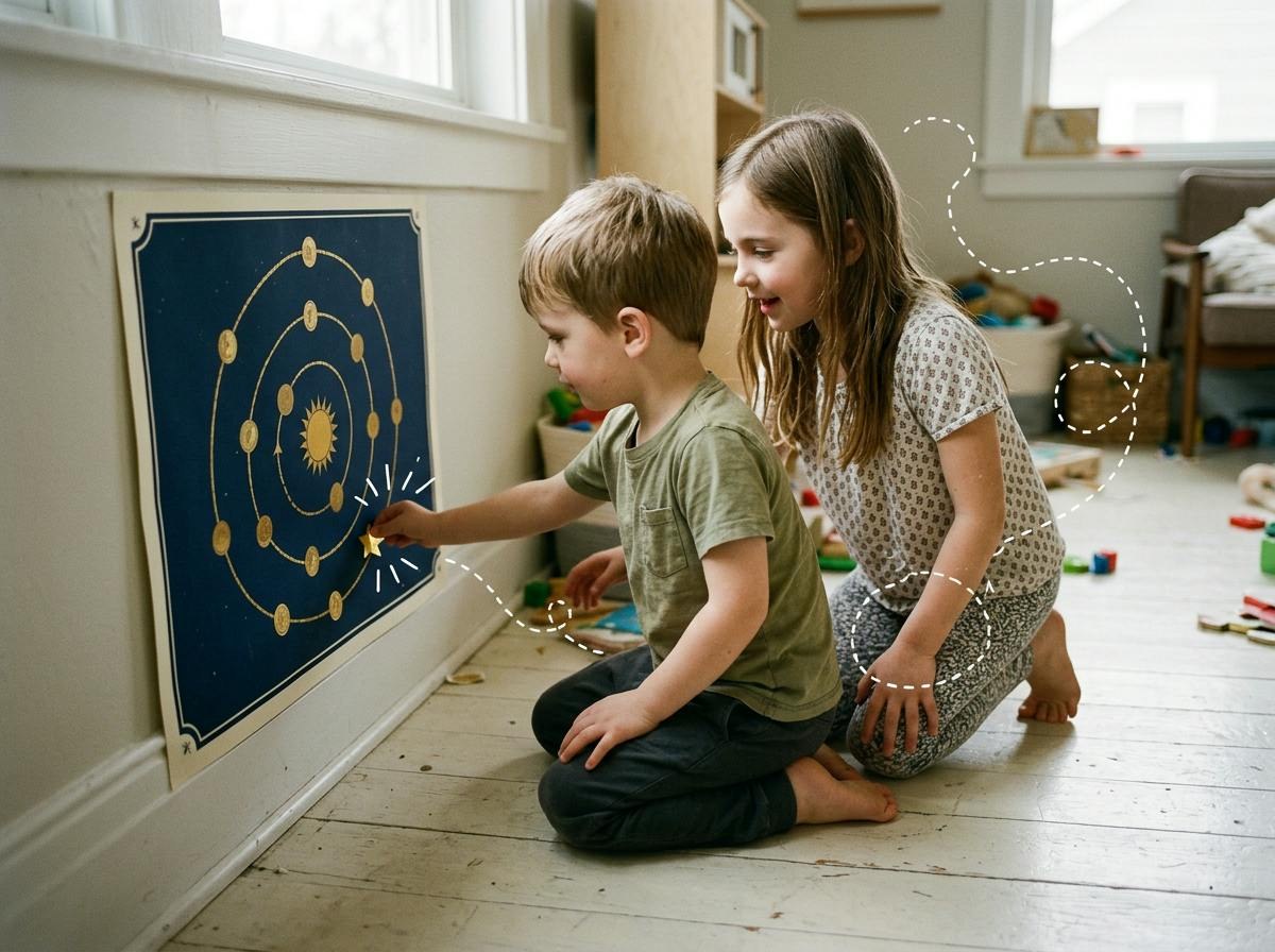 A boy and girl placing a gold star on their wall poster