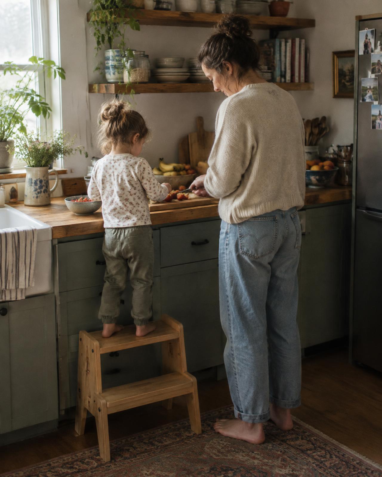 A parent and child together in a kitchen